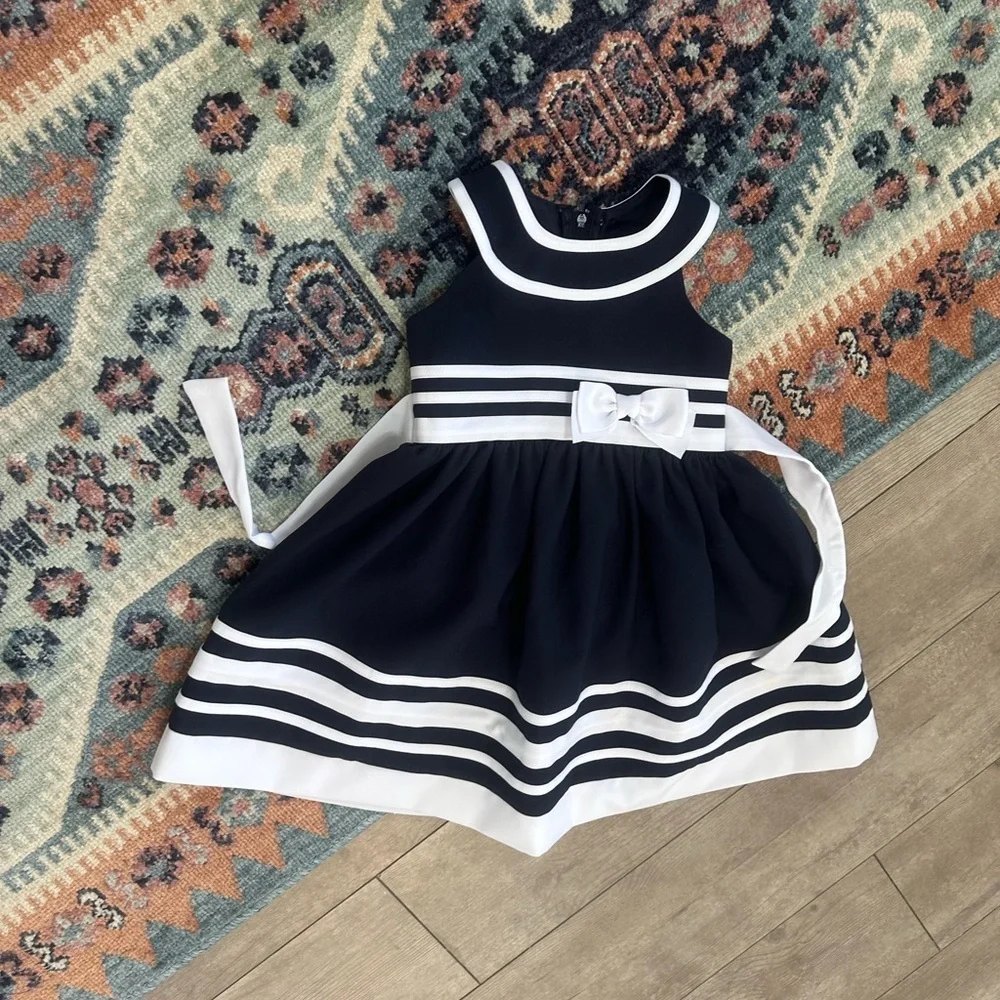 New Bonnie Jean Navy and White Formal Dress with Bow 3T Toddler Girl VTG Style